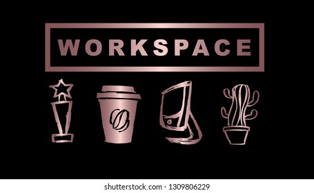 Vector Illustration of Rose Gold Workspace with Trophy, Coffee, Computer / Laptop and Cactus. Graphic Design Background for Print, Card, Poster and more. 