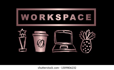 Vector Illustration of Rose Gold Workspace with Trophy, Coffee, Computer / Laptop and Cactus. Graphic Design Background for Print, Card, Poster and more. 