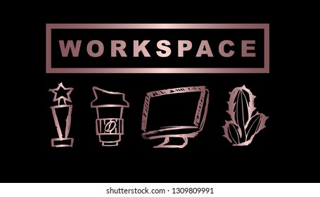 Vector Illustration of Rose Gold Workspace with Trophy, Coffee, Computer / Laptop and Cactus. Graphic Design Background for Print, Card, Poster and more. 