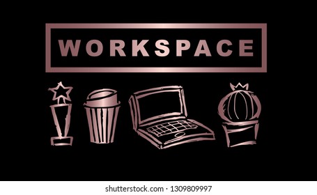 Vector Illustration of Rose Gold Workspace with Trophy, Coffee, Computer / Laptop and Cactus. Graphic Design Background for Print, Card, Poster and more. 