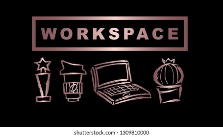 Vector Illustration of Rose Gold Workspace with Trophy, Coffee, Computer / Laptop and Cactus. Graphic Design Background for Print, Card, Poster and more. 