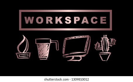 Vector Illustration of Rose Gold Workspace with Trophy, Coffee, Computer / Laptop and Cactus. Graphic Design Background for Print, Card, Poster and more. 