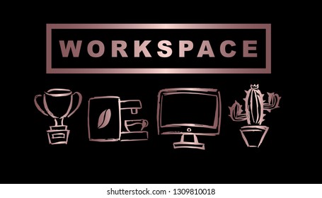 Vector Illustration of Rose Gold Workspace with Trophy, Coffee, Computer / Laptop and Cactus. Graphic Design Background for Print, Card, Poster and more. 