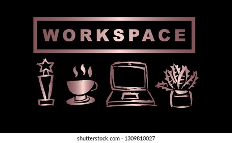 Vector Illustration of Rose Gold Workspace with Trophy, Coffee, Computer / Laptop and Cactus. Graphic Design Background for Print, Card, Poster and more. 