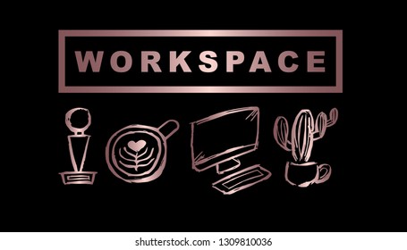 Vector Illustration of Rose Gold Workspace with Trophy, Coffee, Computer / Laptop and Cactus. Graphic Design Background for Print, Card, Poster and more. 