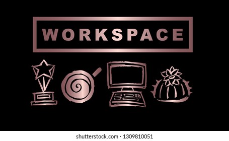 Vector Illustration of Rose Gold Workspace with Trophy, Coffee, Computer / Laptop and Cactus. Graphic Design Background for Print, Card, Poster and more. 