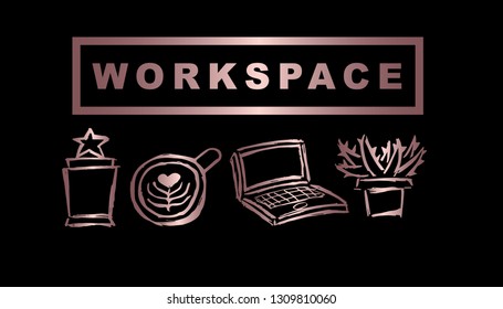 Vector Illustration of Rose Gold Workspace with Trophy, Coffee, Computer / Laptop and Cactus. Graphic Design Background for Print, Card, Poster and more. 