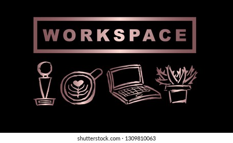 Vector Illustration of Rose Gold Workspace with Trophy, Coffee, Computer / Laptop and Cactus. Graphic Design Background for Print, Card, Poster and more. 