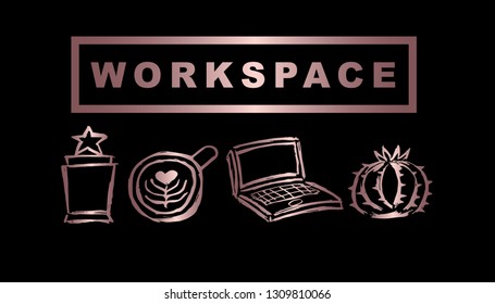 Vector Illustration of Rose Gold Workspace with Trophy, Coffee, Computer / Laptop and Cactus. Graphic Design Background for Print, Card, Poster and more. 