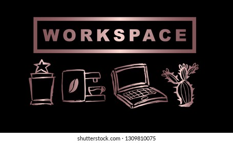 Vector Illustration of Rose Gold Workspace with Trophy, Coffee, Computer / Laptop and Cactus. Graphic Design Background for Print, Card, Poster and more. 