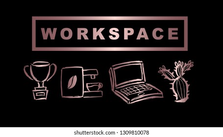 Vector Illustration of Rose Gold Workspace with Trophy, Coffee, Computer / Laptop and Cactus. Graphic Design Background for Print, Card, Poster and more. 