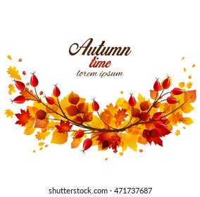 Vector illustration rose hip and leaf, autumn bush