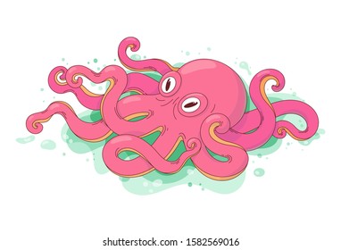 Vector illustration of a rose octopus. Creative hand drawn sea creature in cartoon style for ads, cards, children books. 