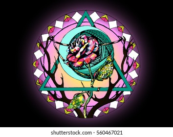 vector illustration of rose with patterns and ornaments in a circle with a triangle. branches with rose