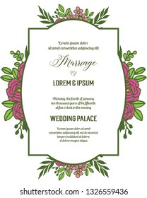 Vector illustration rose pink flower frame with greeting card wedding hand drawn