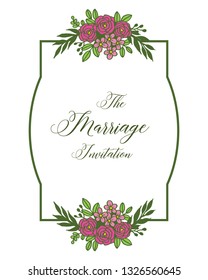 Vector illustration rose pink flower frame with greeting card wedding hand drawn