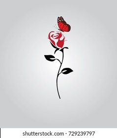 vector illustration of a rose silhouette with red butterfly.