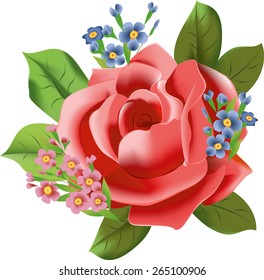 Vector illustration of a rose with small dark blue and pink flowers isolated on white background. EPS10