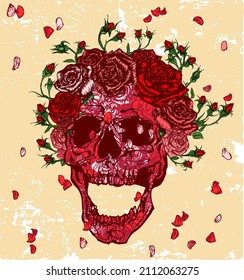 Ilustración vectorial del cráneo gritando con textura rosa con corona de rosas rojas y pétalos cayendo sobre fondo amarillo en un diseño de estilo vintage.