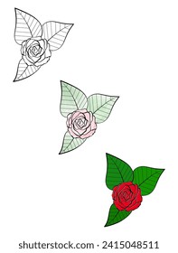 A vector illustration of a rose with three leaves in black and white, watercolor, and full color versions
