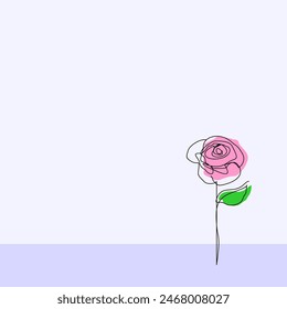Vector illustration of a rose using continuous line art technique isolated on a purple background. Can be used for design backgrounds, social media quotes