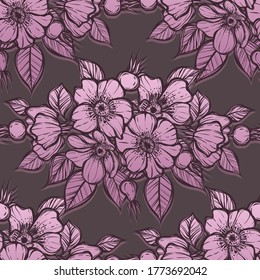 Vector illustration. Rosehip flowers, card for you, line art style, Handmade, dark background, seamless pattern