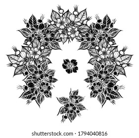 Vector illustration. Rosehip flowers, card for you, line art style, Handmade
