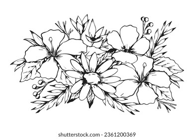 Vector illustration. Rosehip flowers, card for you, line art style, Handmade, tattoo, line art style and vector black and white art..