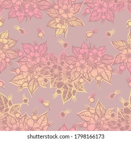 Vector illustration. Rosehip flowers, Handmade, dark  background, seamless pattern