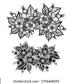 Vector illustration. Rosehip flowers, line art style, Handmade, card for you
