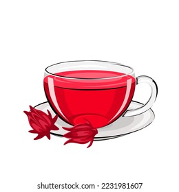 Ilustración vectorial, té rosella o Hibiscus sabdariffa, servido en un vaso de vidrio, aislado en un fondo blanco.