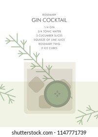 Vector illustration of Rosemary Gin Cocktail recipe. Summer drink. Ice cubes, glass, rosemary twigs, cucumber slice, gin, tonic water on table.