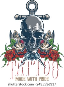 Vector Illustration of Roses, Anchor, Tattoo Tools and Skull with Vintage Hand Drawing Style Available for Logo Badge