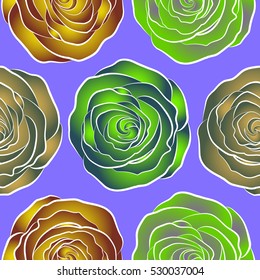 Vector illustration. Roses in green, violet and yellow colors. Hand drawn elements. Seamless background pattern.
