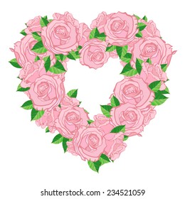 Vector illustration of roses heart frame isolated on white background