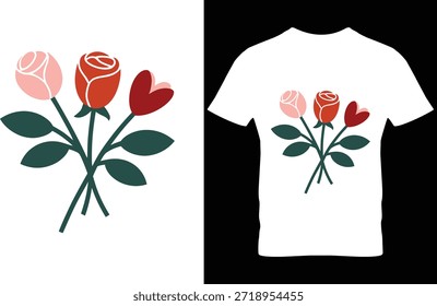 Ilustración vectorial de rosas con corazones en camiseta blanca lisa, estilo limpio y elegante