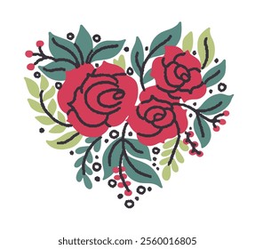 A vector illustration of roses and leaves arranged in a heart shape in a decorative style, isolated on a white background. Perfect for romantic and wedding designs.