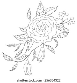 Vector illustration with roses and leaves in black and white colors
