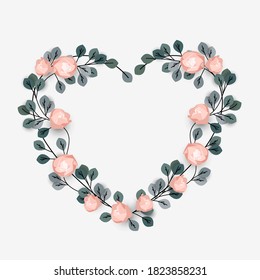 Vector illustration with roses and leaves. Romantic background with hearts for your design