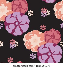 Vector illustration of roses in a seamless pattern in purple, coral and pink.