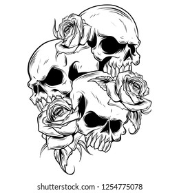 vector illustration of roses and skulls on white background