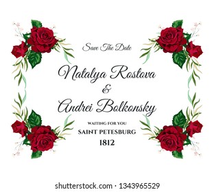 Vector Illustration of Roses Wedding Card for Design, Website, Background, Banner. Hand drawn flower Elements. Vintage Save the date Template