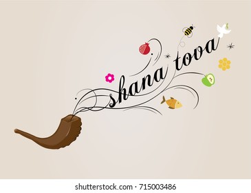 Vector illustration - Rosh Hashana greeting card invitation with Hebrew text reading "good year" and a ram's horn blowing a set of symbols and blessings for the Jewish holiday.