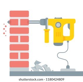 The vector illustration of the Rotary Hammer in flat style. The electrical yellow tool on a white background.