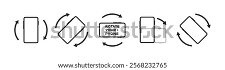 Vector illustration Rotate your phone icons in black and white, showing arrows and a smartphone in different orientations, ideal for app instructions and responsive design guides.