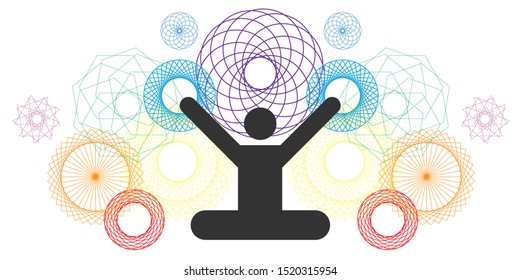 vector illustration of rotating colorful spheres and lotus yoga posture silhouette for meditative lifestyle visual