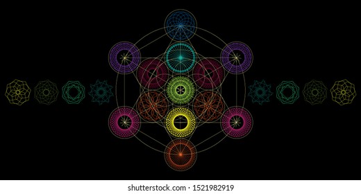 vector illustration of rotating colorful spheres and flower of life hexagon symbol linear bright background