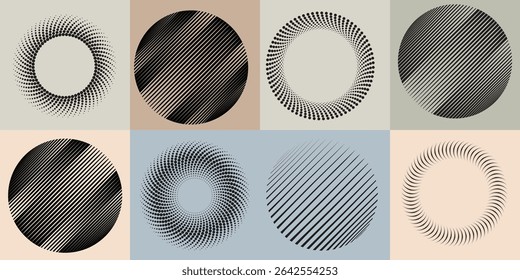 Vector Illustration .Rotating dots form a circle .Rotating design element . Various lines forming round shape . Abstract Geometric line art .