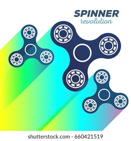 Vector illustration of rotating fidget spinners with colorful trace of rotation. Creative concept of toy for stress relief annealing with text on white background. Flat style design of hand spinner