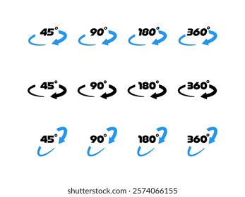 Vector illustration of rotation icons showing 45, 90, 180, and 360 degrees with arrows in black and blue variations. Perfect for user interfaces, instructions, and graphic designs.